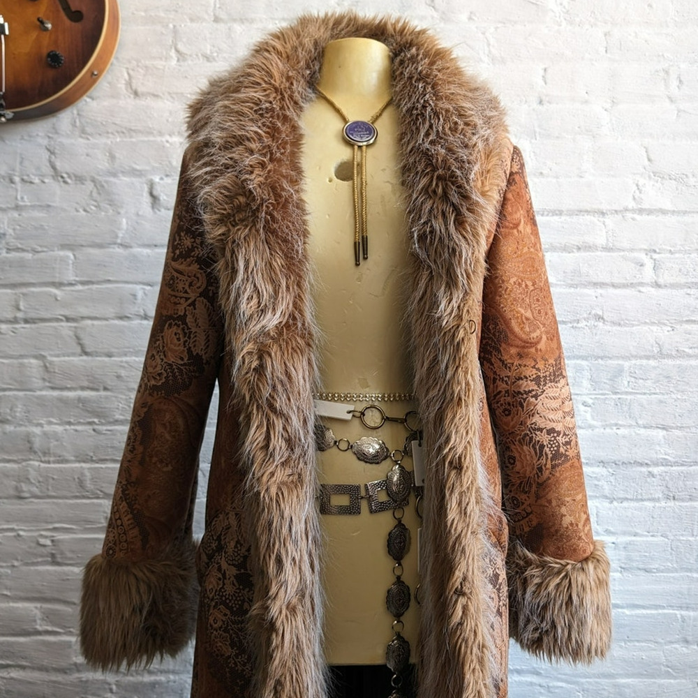 Free People Brown Faux Fur Trim Paisley Trench Coat